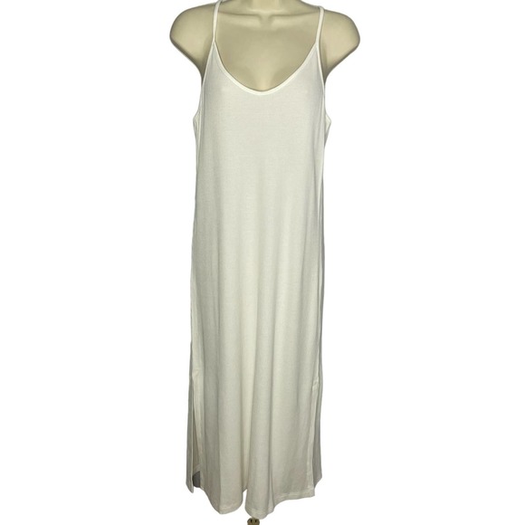 Andie Waffle Knit The Slip Midi Dress in White Bamboo Rayon Lounge Large - Picture 2 of 12